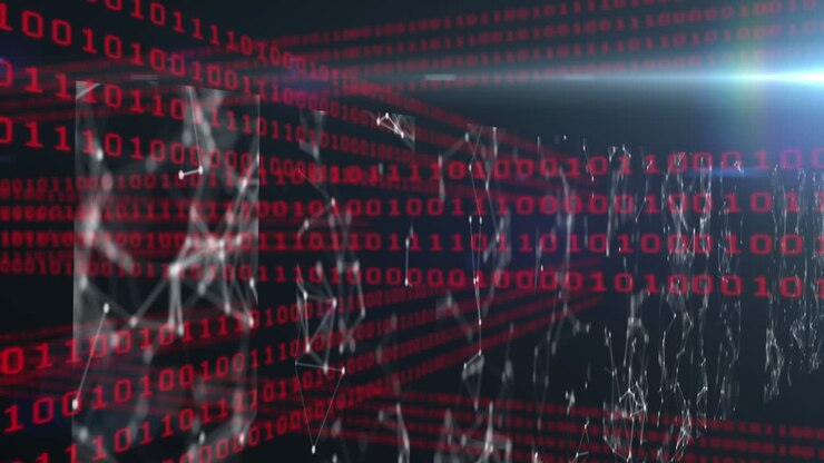 Animation af binær systemdatabehandling på sort baggrund