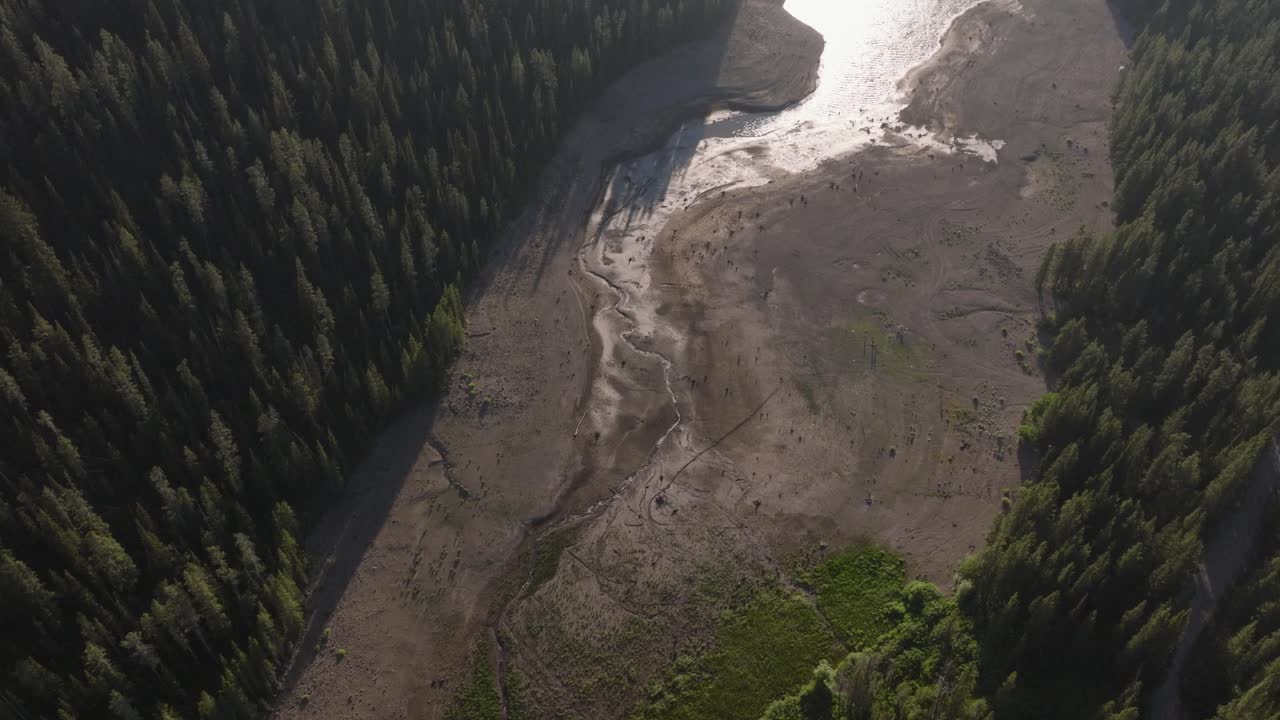 Aerial overview over Grassy Lake Reservoir, Wyoming, with tense green forests, calm waters, and mountains in the background under clear skies