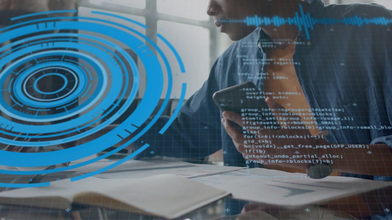 Male dev grabbing phone reaching desk referencing docs while HUD and code overlay covering scene