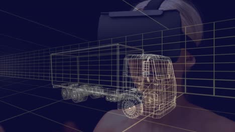 animación de un dibujo de coche en 3d sobre una mujer con auriculares vr