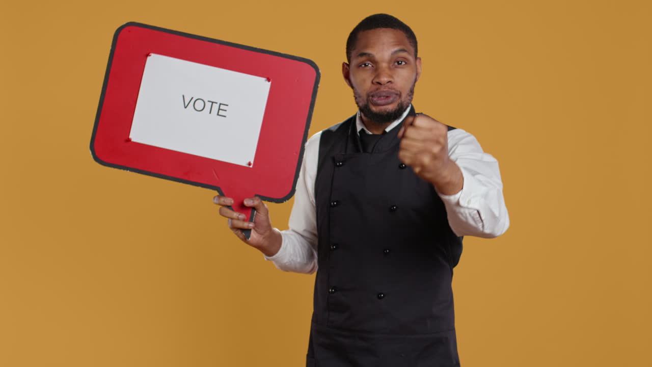 Waiter does an advertisement for politics and showing a speech bubble