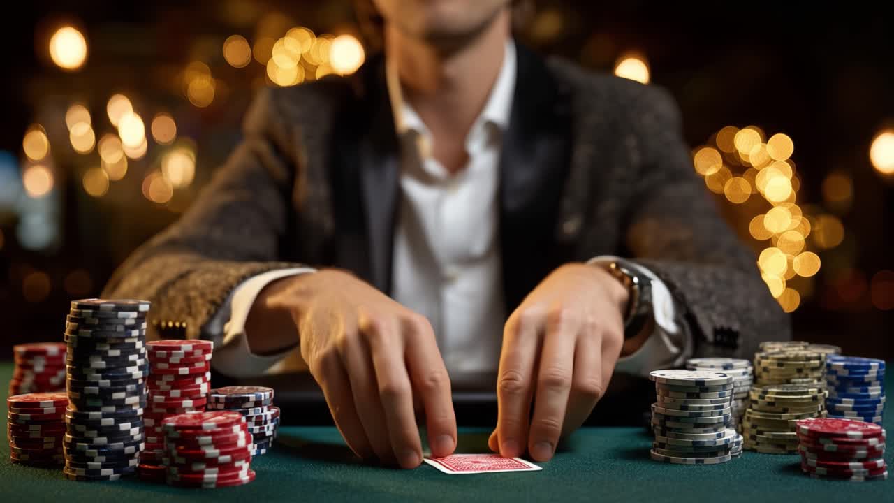 Intense Poker Game: A Player's Focus Amidst Stacks of Chips and Soft Lighting, Capturing the Thrill of Competition and Strategy in High-Stakes Card Play