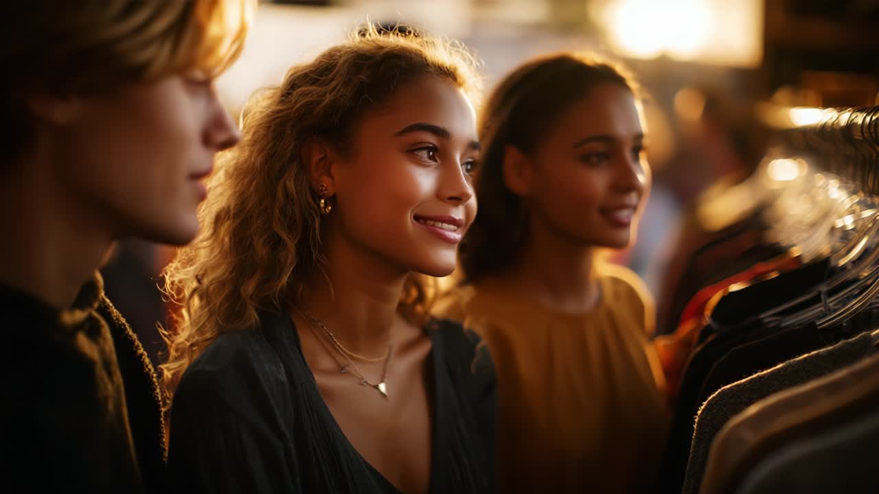 A group of young friends enjoying a casual outing together, displaying smiles as they explore a vibrant clothing rack while basking in soft evening light, embodying moments of connection and camaraderie