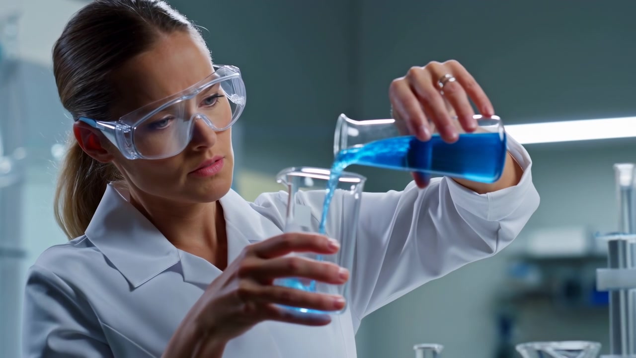 Female Caucasian Chemist Pouring Blue Solution Between Glass Beakers, Wearing Safety Goggles And White Coat,