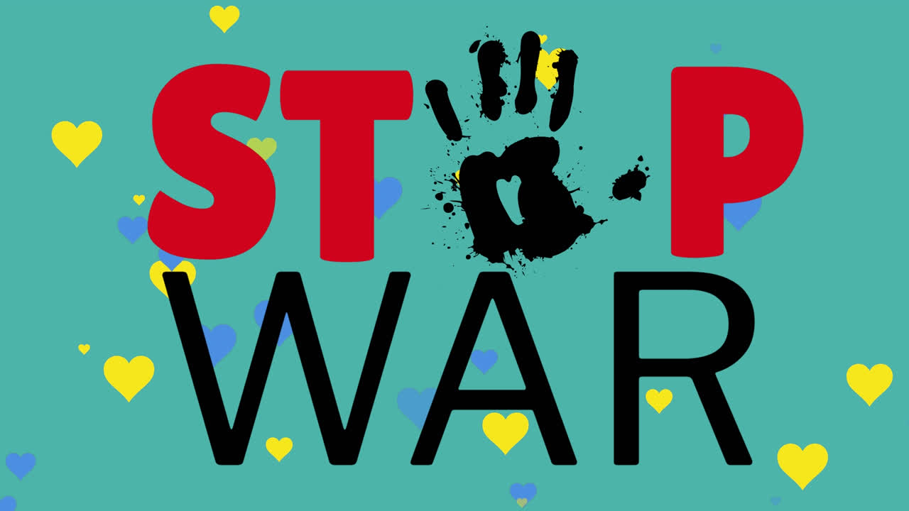 Animazione del testo "Stop alla guerra" su cuori