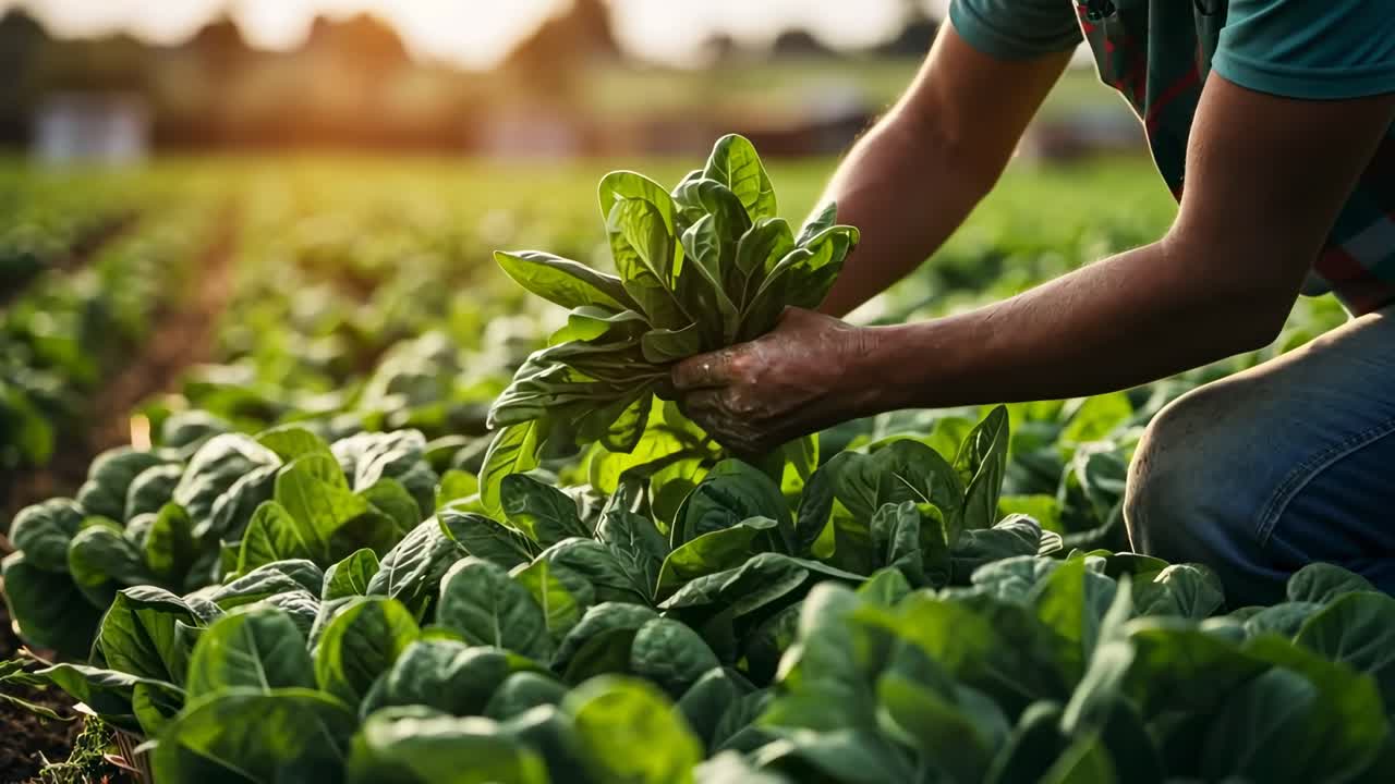 Video grabado en ángulo bajo de un agricultor cosechando lechuga en un campo iluminado por el sol, capturando la esencia.