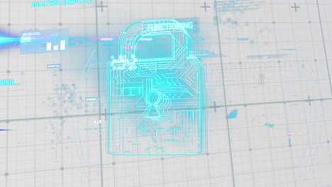 animation of circuit board pattern in padlock over multiple text on abstract background