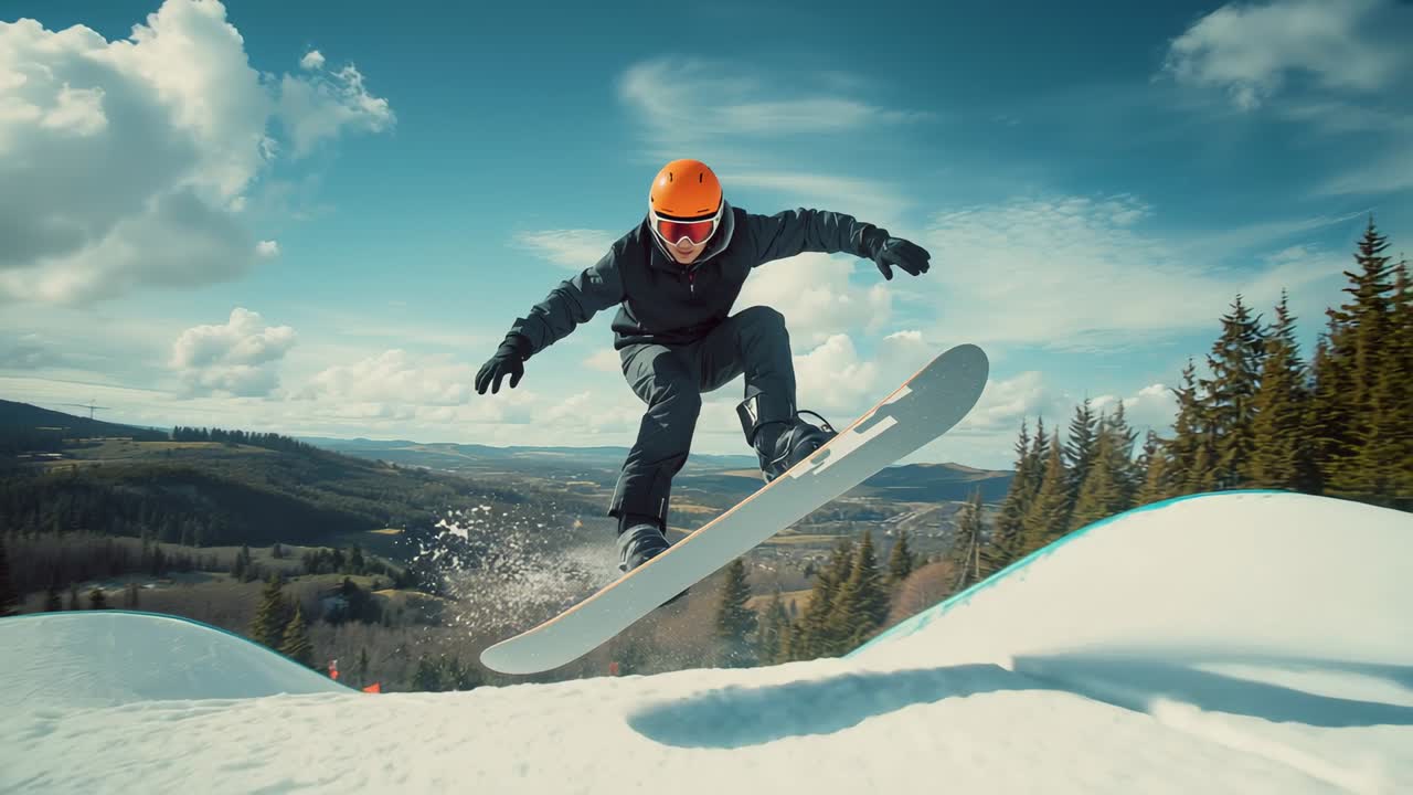 Riding snowboarder with orange helmet approaching groomed ramp, planting nose press, spraying snow