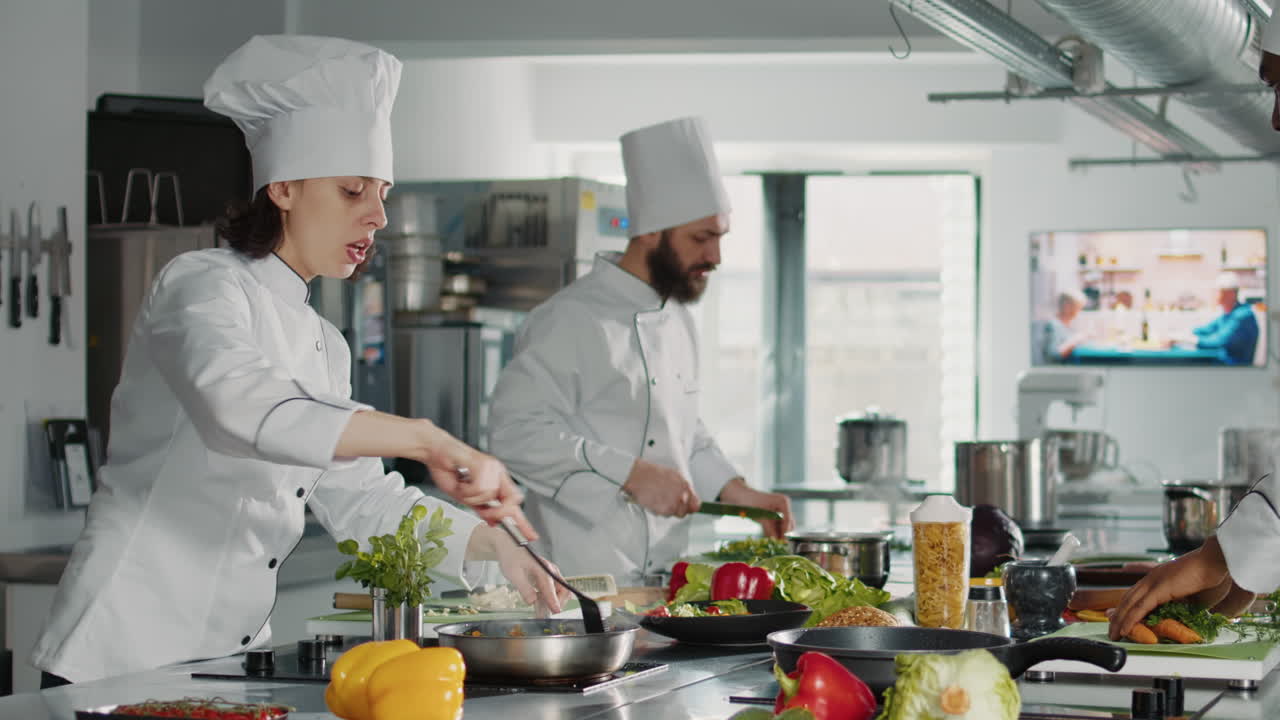 Authentic chef using rosemary plant leaves to cook tasty greens dish