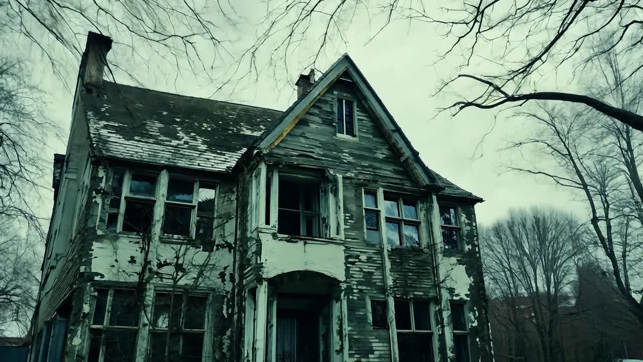 カメラのパニングは,塗料が剥がれ,腐敗と無視の感覚を特徴とする放棄された家の外観を明らかにします