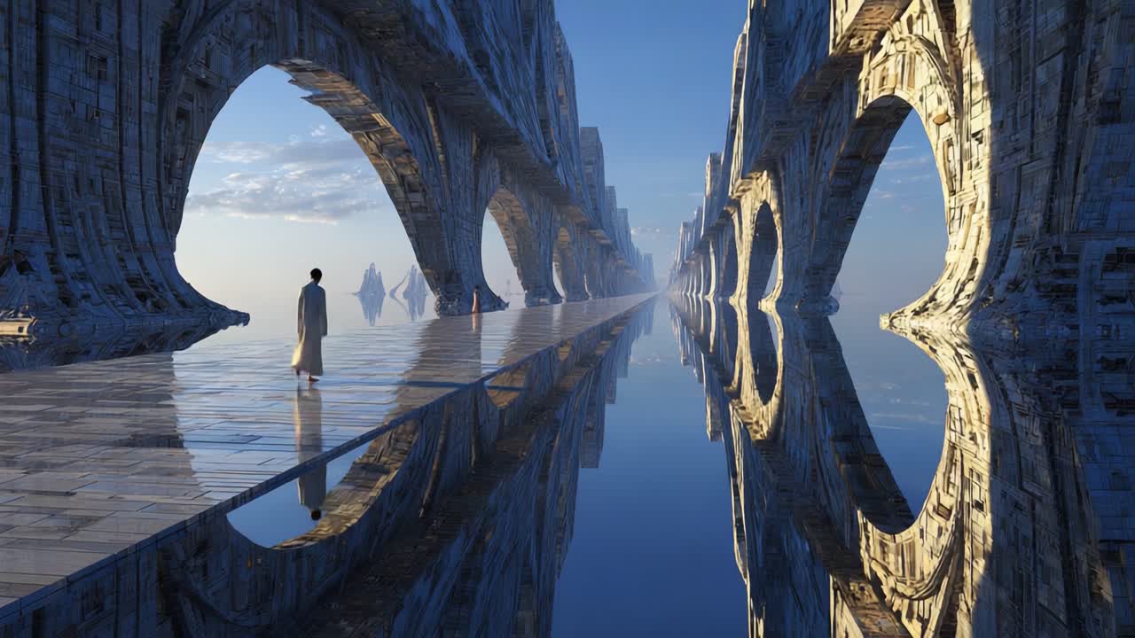 A Serene Journey Through Futuristic Archways Reflecting in Water, Illustrating the Harmony Between Nature and Abstract Architecture in an Enchanting Landscape