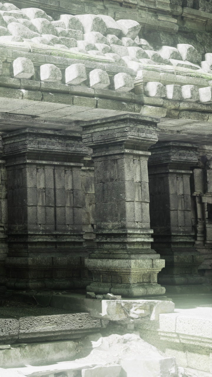 Ancient pillars beneath a weathered stone temple in a forgotten landscape