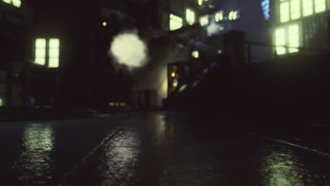 mysterious urban environment with reflections and fog at night
