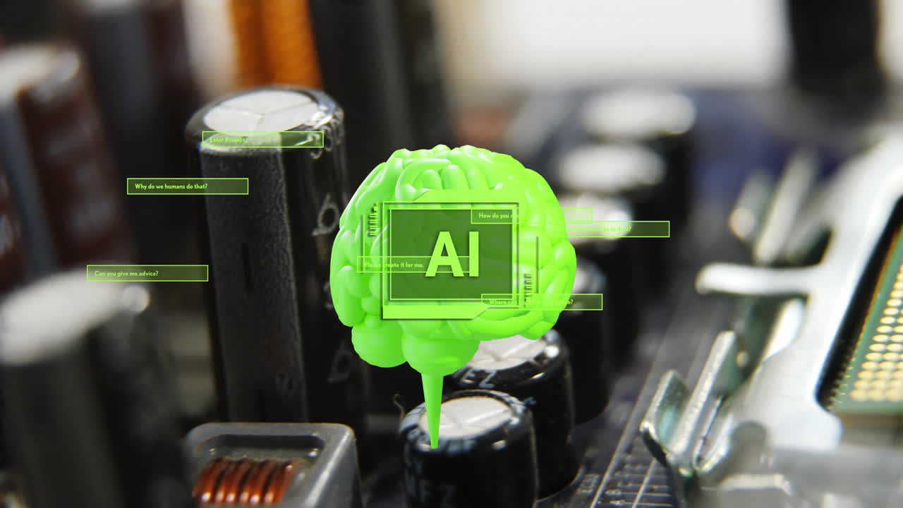 animazione di un testo, cervello umano e elaborazione dei dati su server informatici