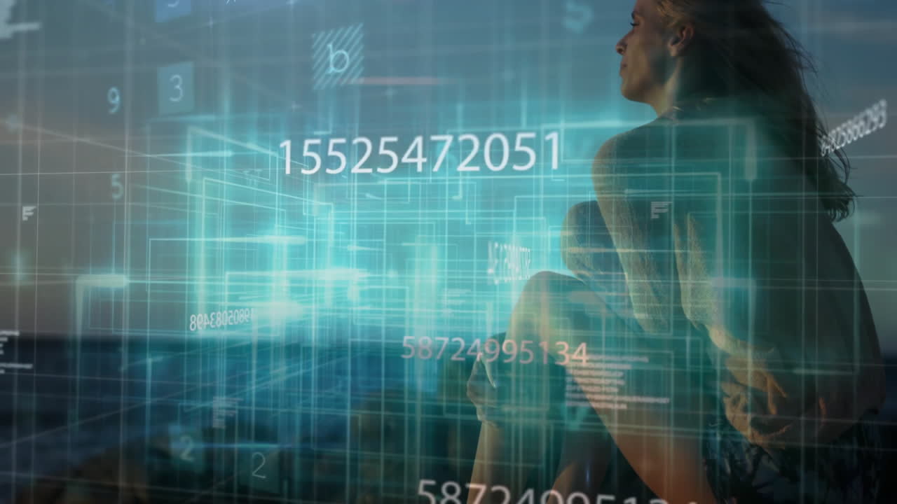 Digital numbers and data animation over thoughtful person sitting indoors