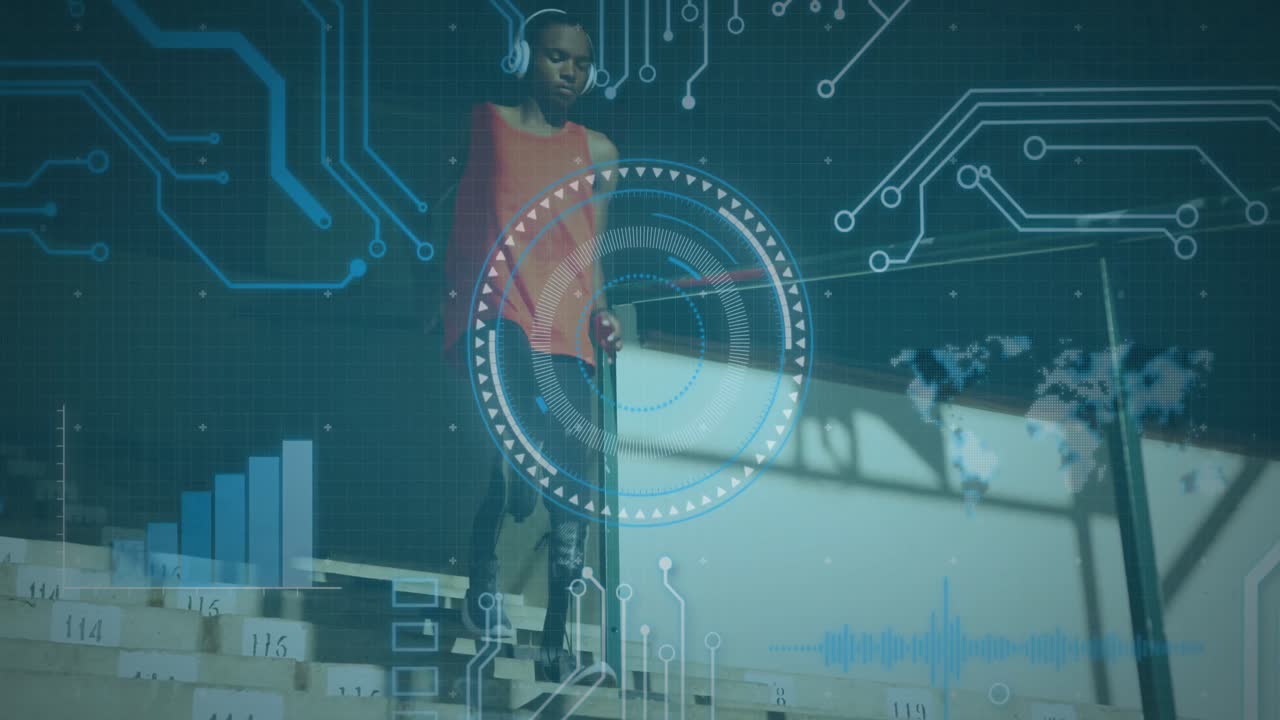 animación del procesamiento de datos digitales sobre un atleta masculino discapacitado con cuchillas de correr