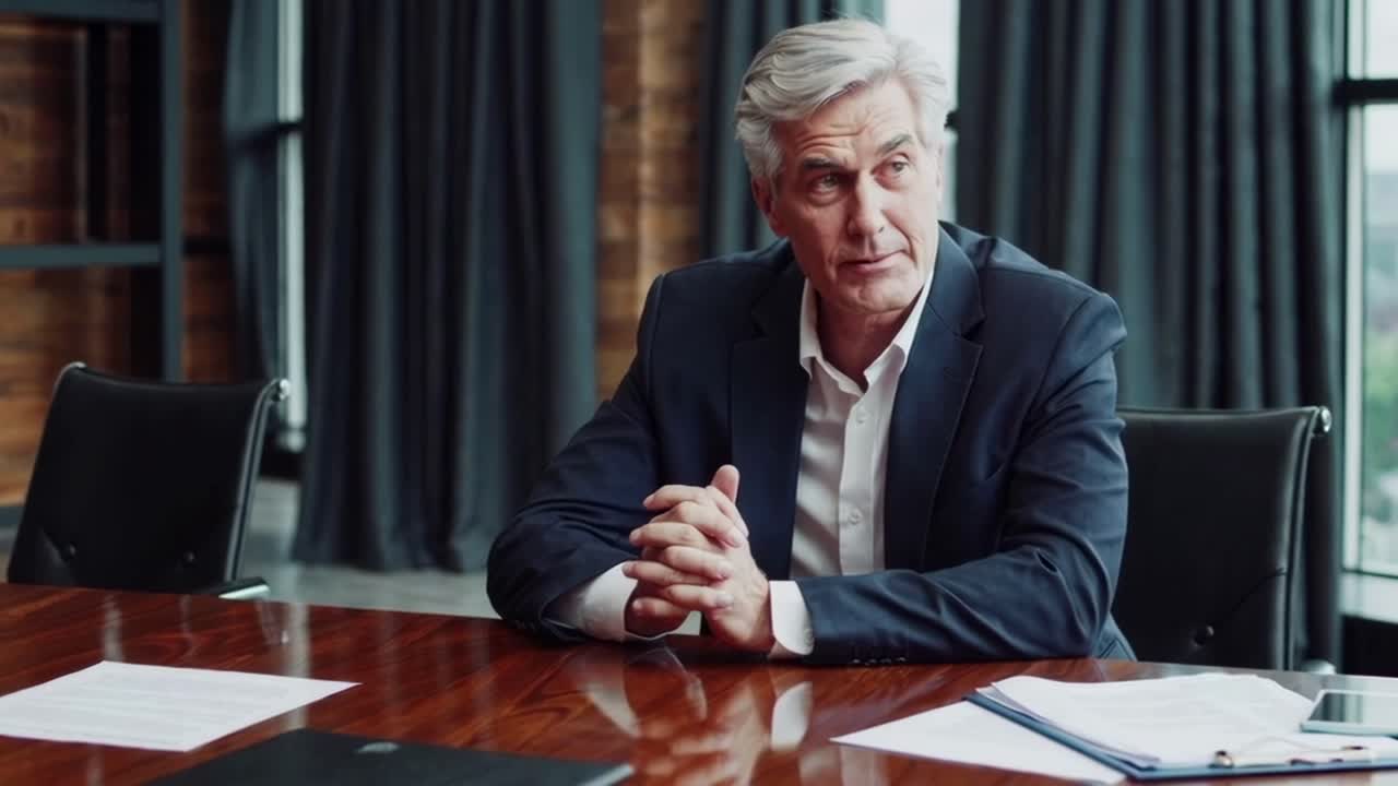 A professional video scene showing two businessmen in suits at a modern office table