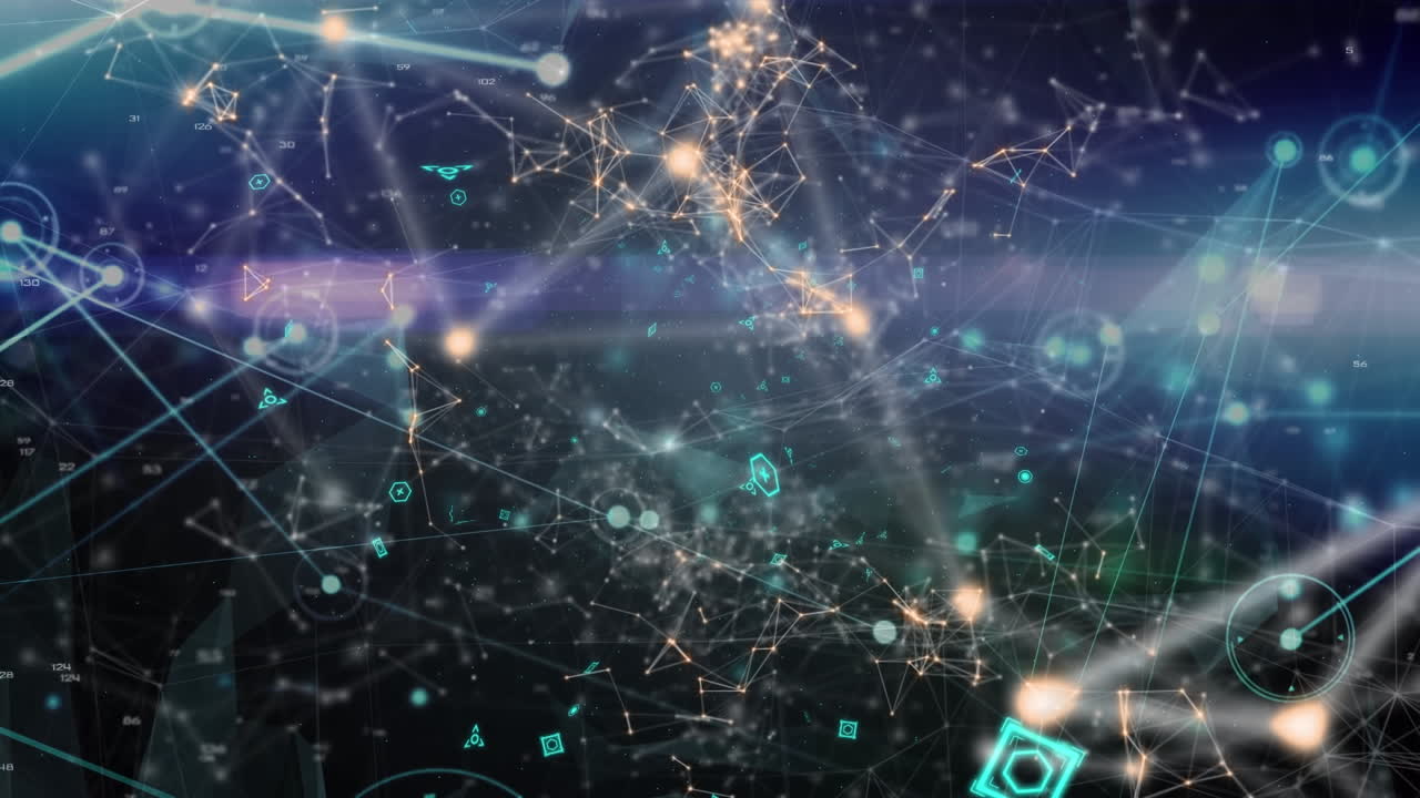 Animation of network of connections and glowing light trails against black background