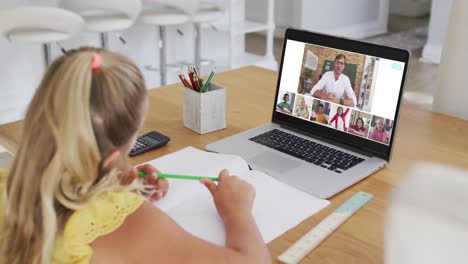 Schoolgirl-using-laptop-for-online-lesson-at-home,-with-diverse-teacher-and-class-on-screen