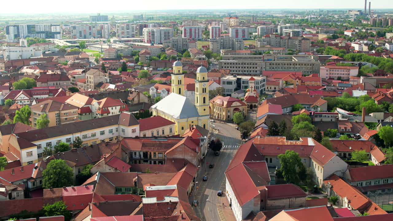 Aerial drone view of Oradea downtown, Romania. Cityscape with multiple historical buildings made in classic style
