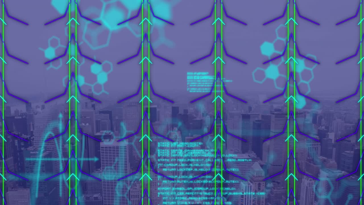 Animation of data processing over shapes and cityscape