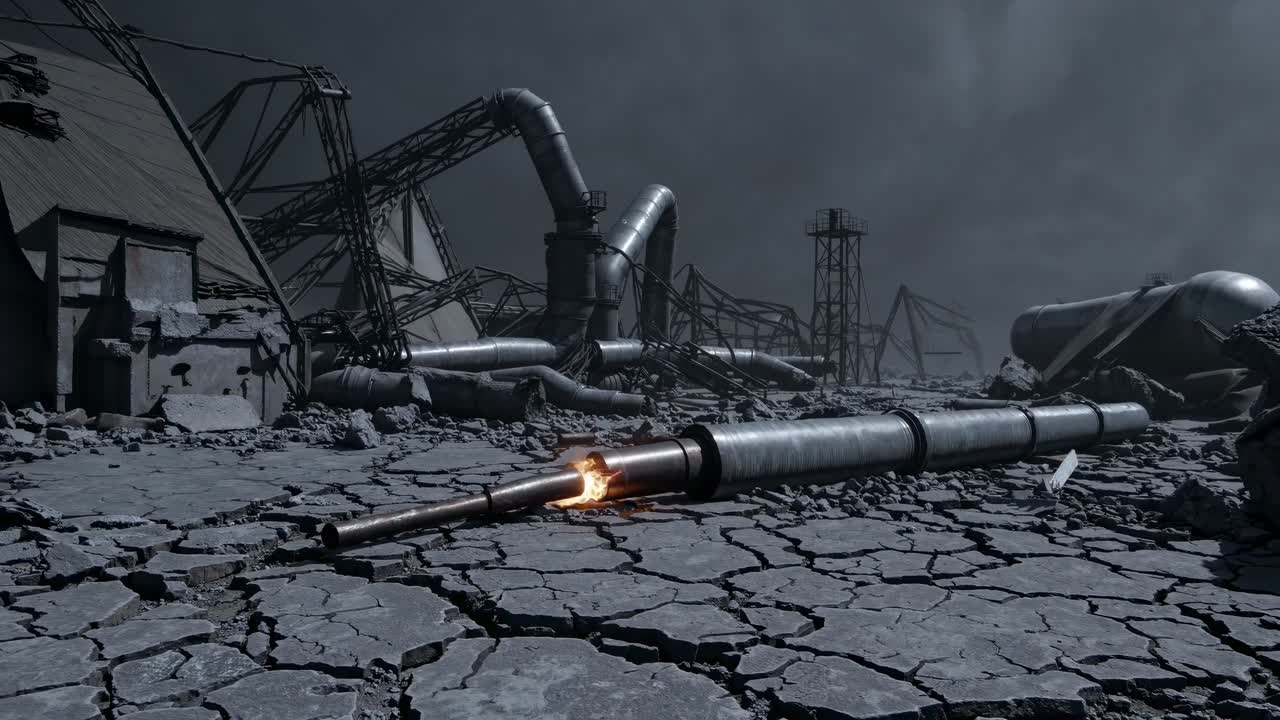 Desolate industrial scene depicting collapsed structures and broken pipelines. The cracked ground and overcast sky enhance the sense of abandonment and decay in this post apocalyptic setting