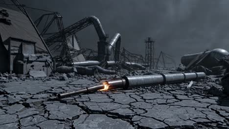 desolate industrial scene depicting collapsed structures and broken pipelines. the cracked ground and overcast sky enhance the sense of abandonment and decay in this post apocalyptic setting