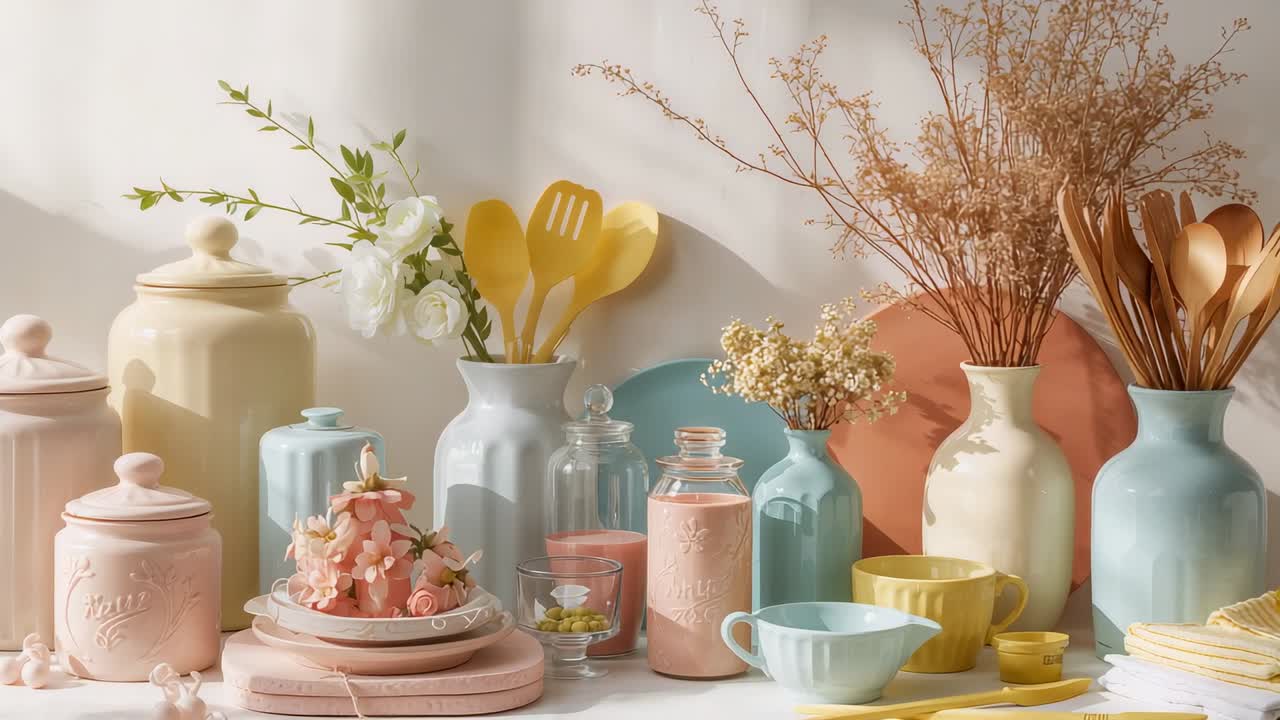 Panning camera moving right as sunlight shifts across tabletop by window, highlighting right vases