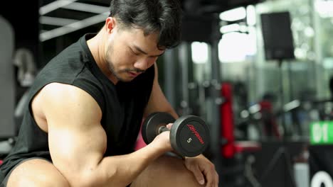 a man exercises with dumbbells in a well-lit gym, focusing on bicep curls. the environment is modern and energetic