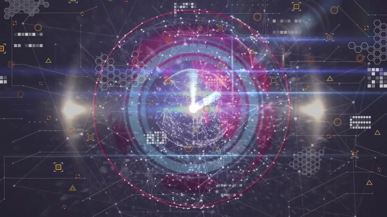 회색 배경에 대한 연결 네트워크의 지구상에서 네온 시계의 애니메이션