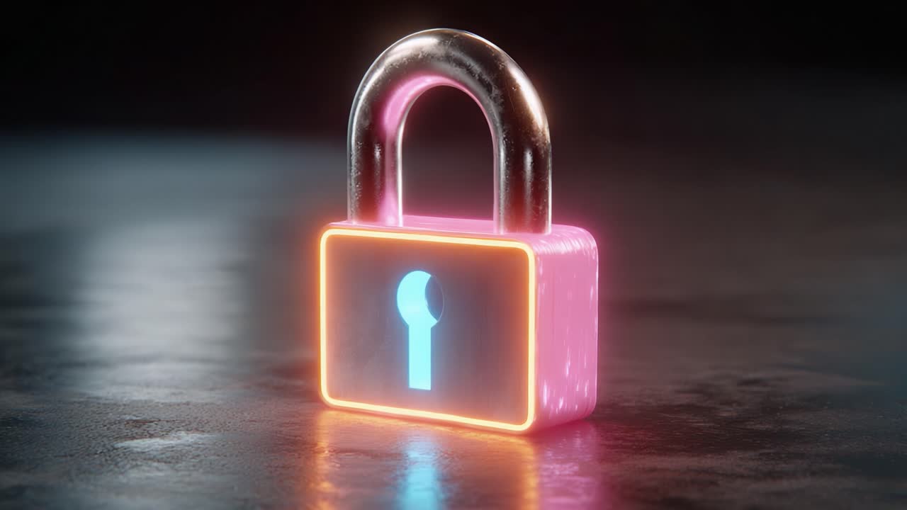 A Vibrant Neon Lock: Exploring the Aesthetic of a Shiny Padlock with a Glowing Keyhole Design Set Against a Dark Background