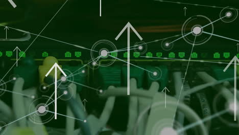 Animation-of-up-arrow-and-connected-dots-over-close-up-of-wires-attached-to-modem