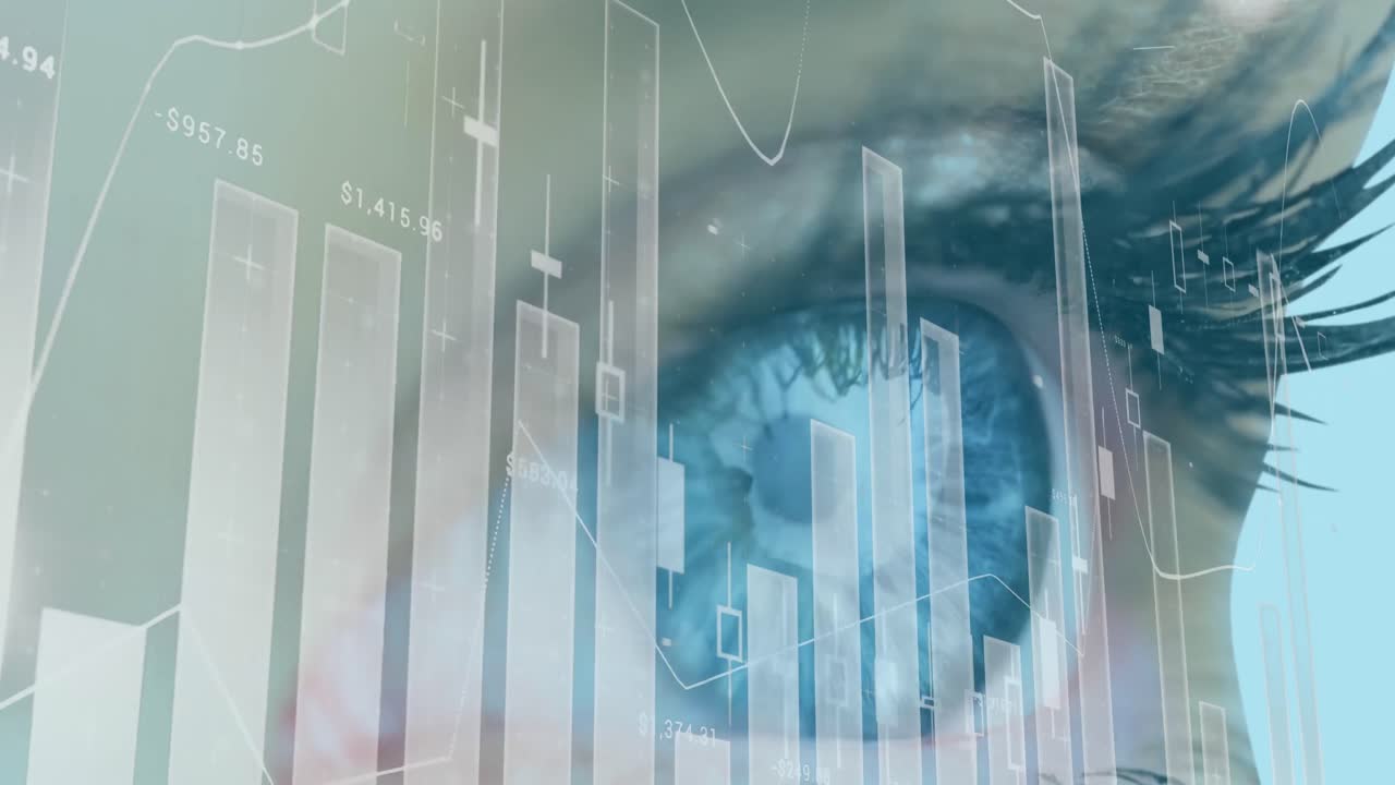 Animation of statistics and data processing over woman's eye in background