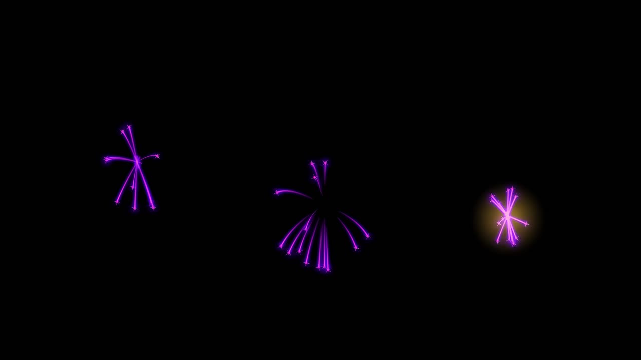 Digital fireworks animation bursting in random positions against a black background.