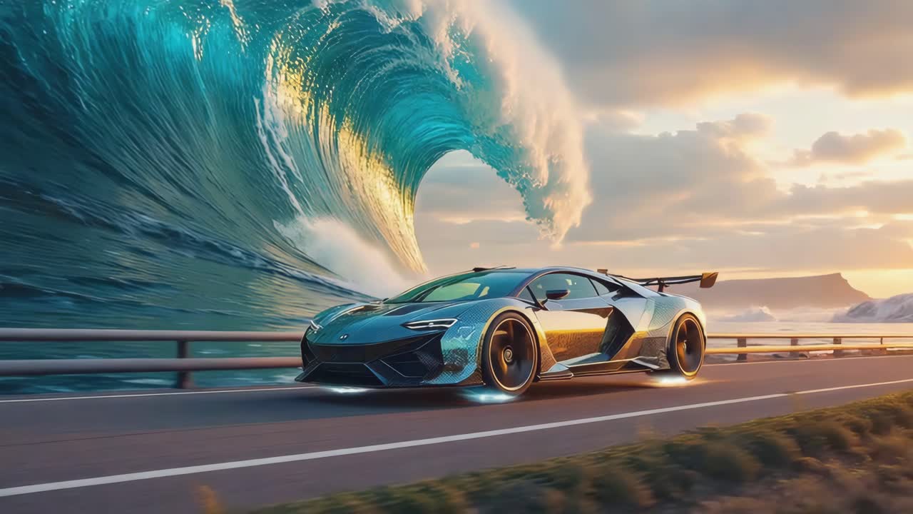 Futuristic Car on a Coastal Road with a Giant Ocean Wave