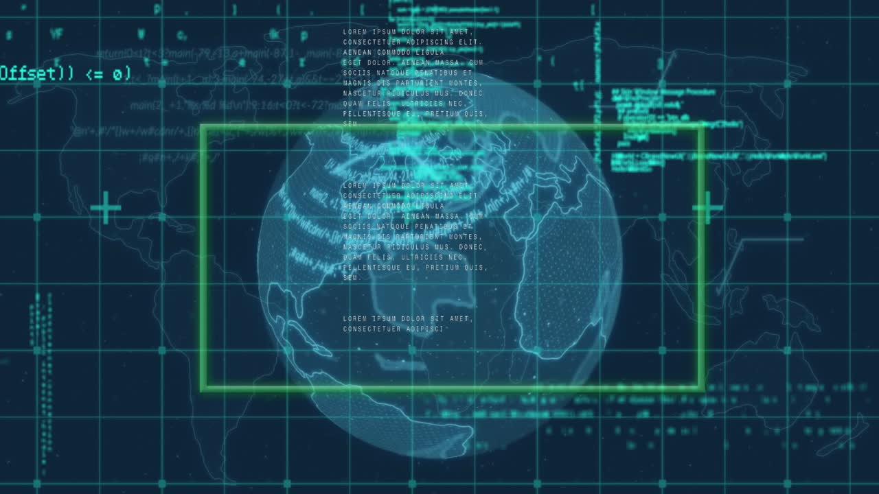 Animation of rectangle shape with rotating globe, map and computer language over grid pattern