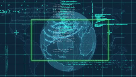 animation of rectangle shape with rotating globe, map and computer language over grid pattern