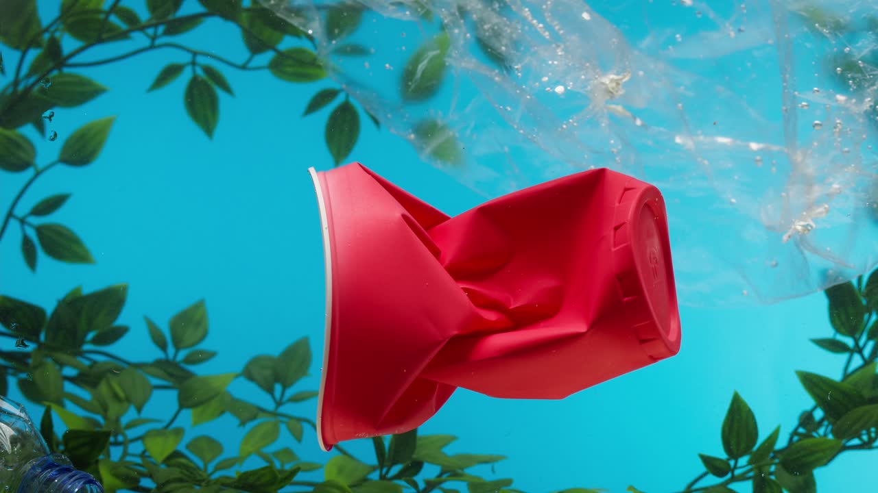 Bicchiere di plastica rosso e sacchetto accartocciati che galleggiano in acqua inquinata