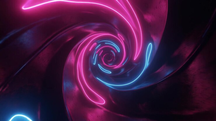 Túnel Espiral Neon Abstrato com Luzes Rosas e Azuis Brilhantes