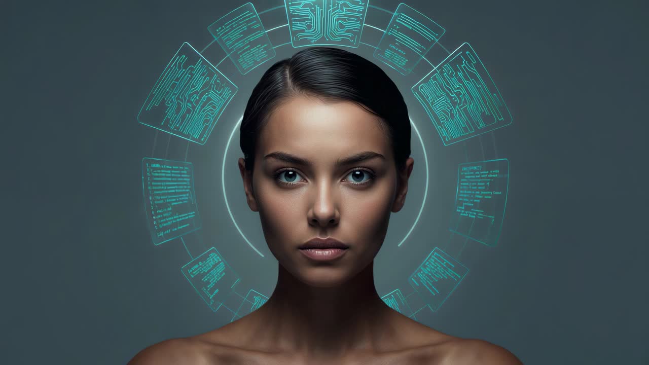 Standing woman with bare shoulders in studio, faint glow causing teal holo panels forming data halo