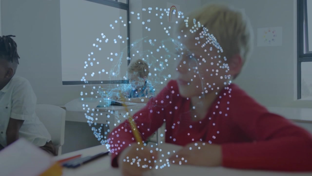 Boys writing in notebooks at desks, digital sphere materializing above keeping focus on learning
