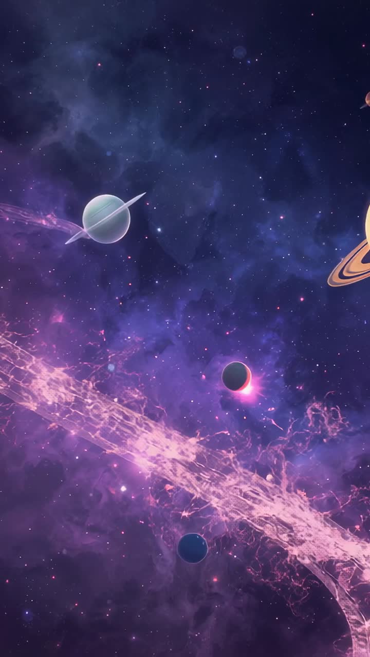 Vertical video: Panning across nebula showing mint-green ringed giant, sliding orange-yellow planet