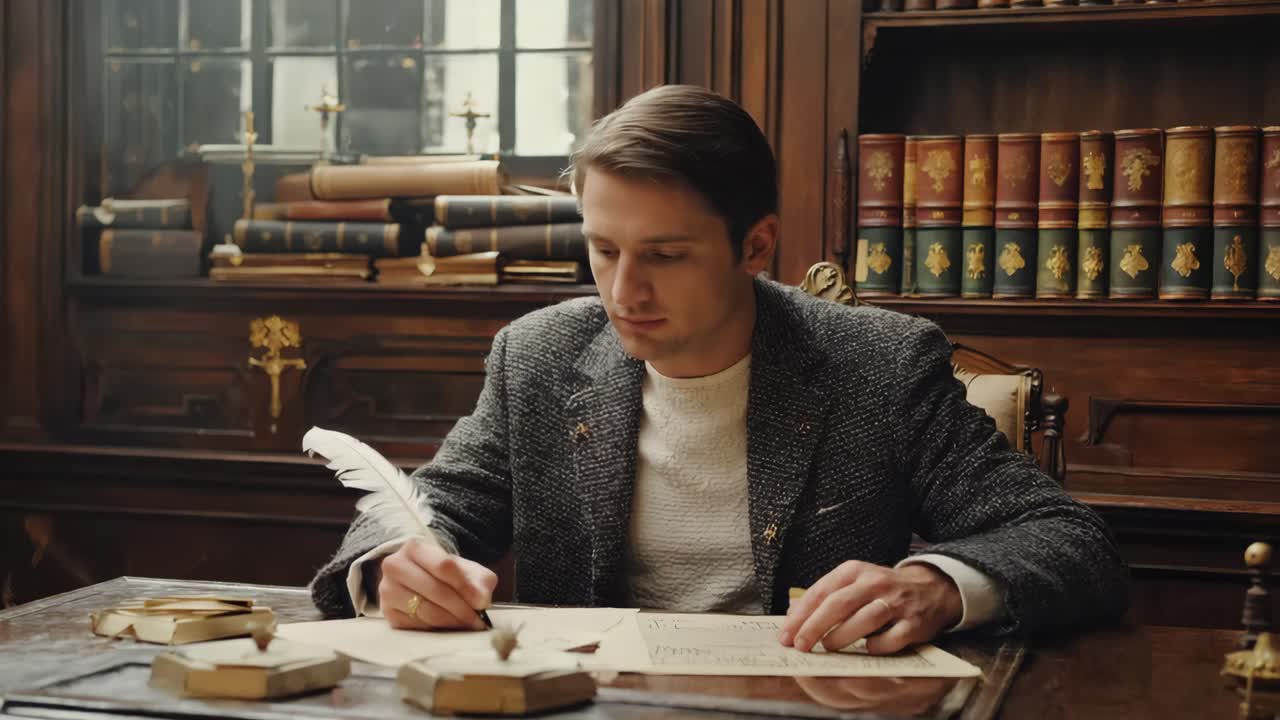 Man writing at a desk with quill and books