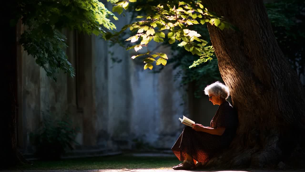 A serene scene of an elderly woman sitting under a tree, deeply engrossed in her book, basking in the gentle light filtering through the lush green leaves surrounding her