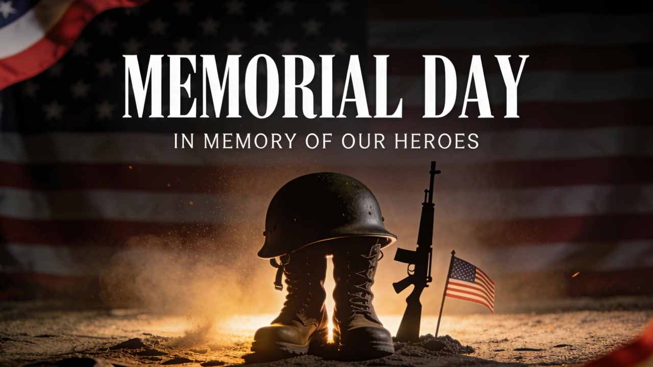 Licht neemt toe, herdenkingsdisplay gloeit op zand als eerbetoon, met laarzen, geweer, Amerikaanse vlag en MEMORIAL-DAY.