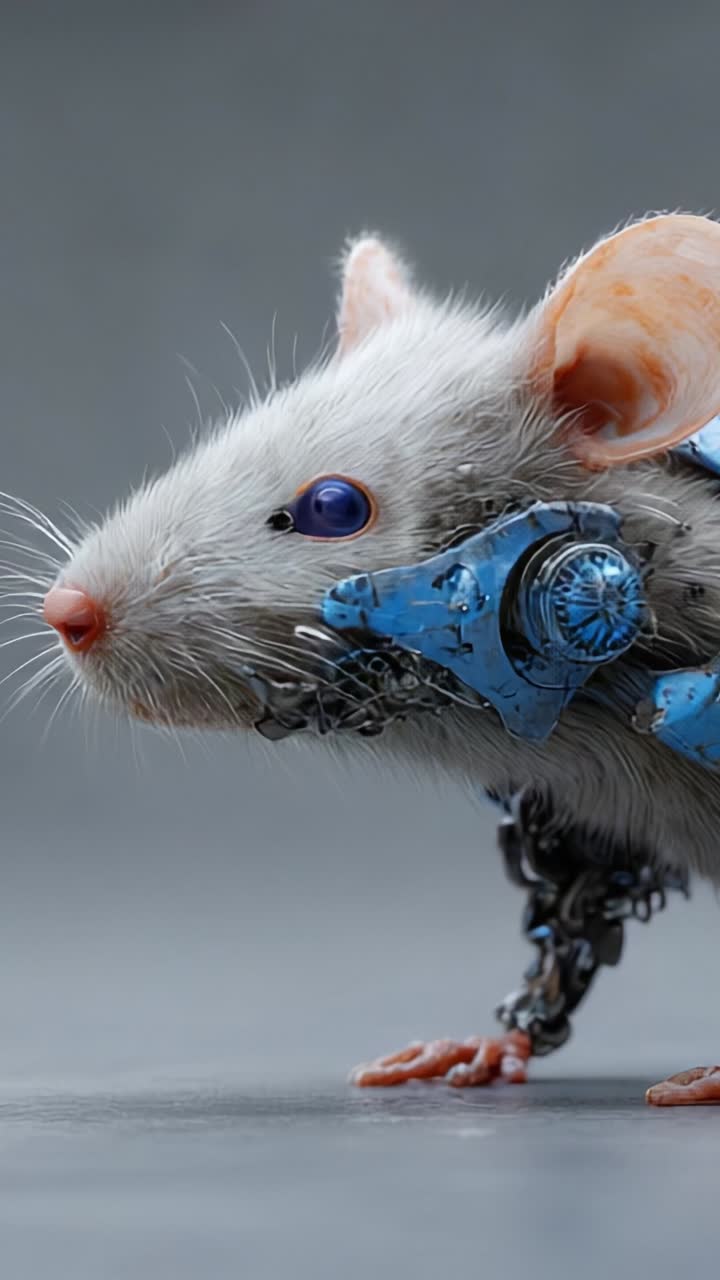 Innovativ fusion af natur og teknologi: En robotmus med avancerede, cybernetiske forbedringer og futuristiske designelementer i bevægelse