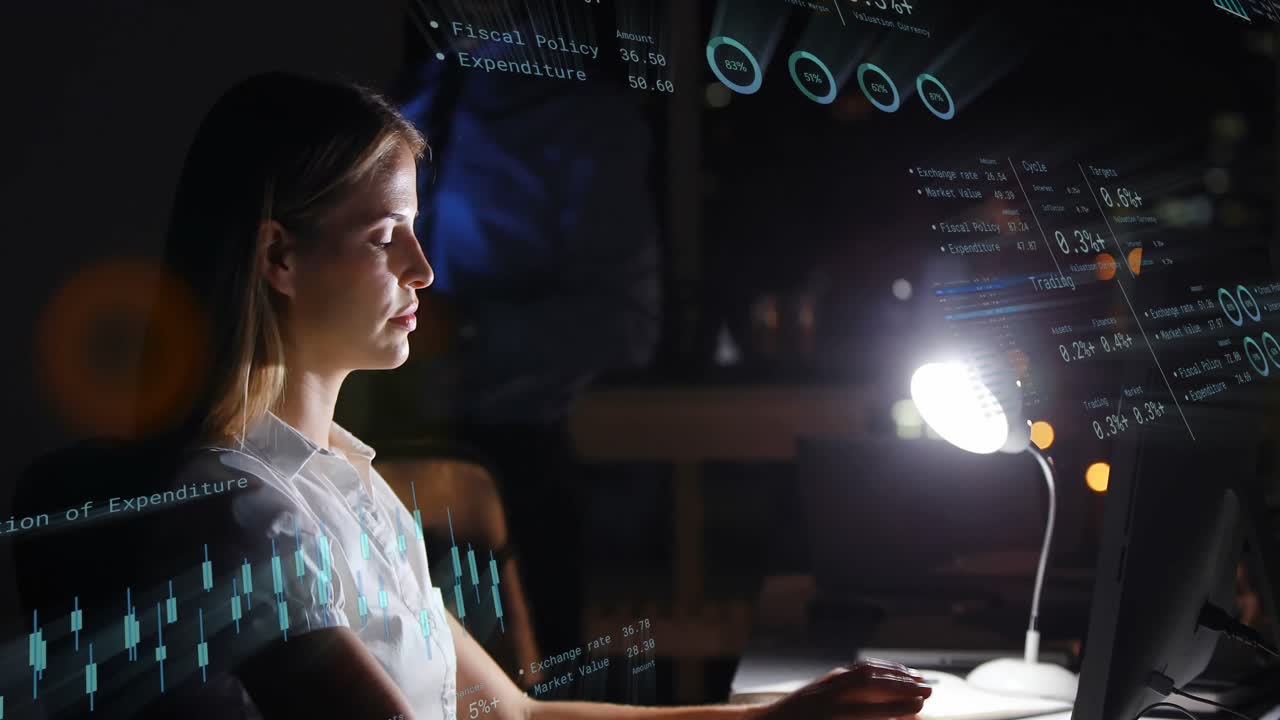 animación de datos financieros con iconos sobre una mujer de negocios caucásica en el cargo.