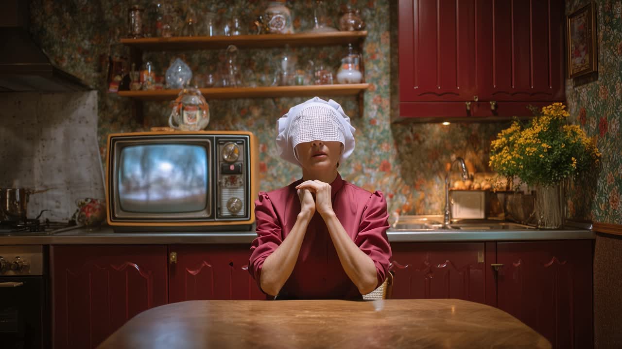Donna in cucina, bendata, mani giunte. Un vecchio televisore mostra un tempo burrascoso, proiettando una luce tremolante. Armadietti, vasi, fiori e illuminazione calda creano un'atmosfera accogliente e d'altri tempi. La scena suggerisce attesa.