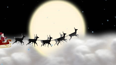 animation of santa claus in sleigh with reindeer moving over clouds and moon