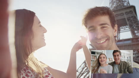 travel couple video chatting with friends sharing vacation in paris